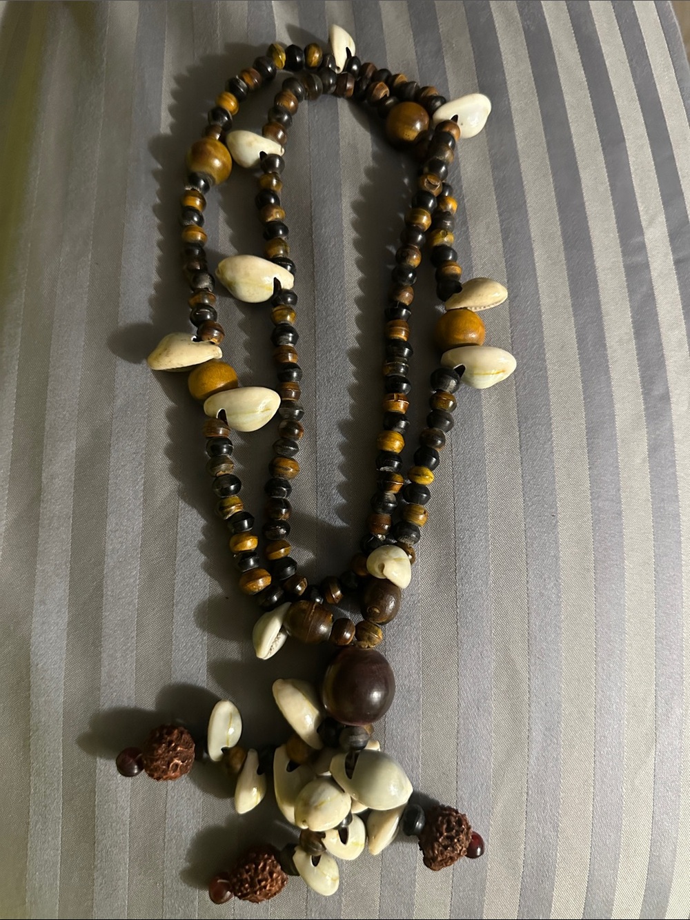 Boho Brown and Cream Beaded Necklace with Shell Accents